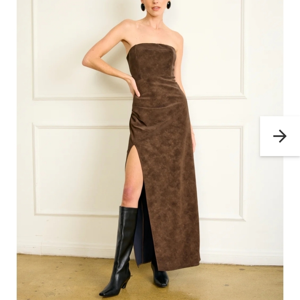 Line & Dot Strapless Brown Suede Maxi Dress with Thigh Slit